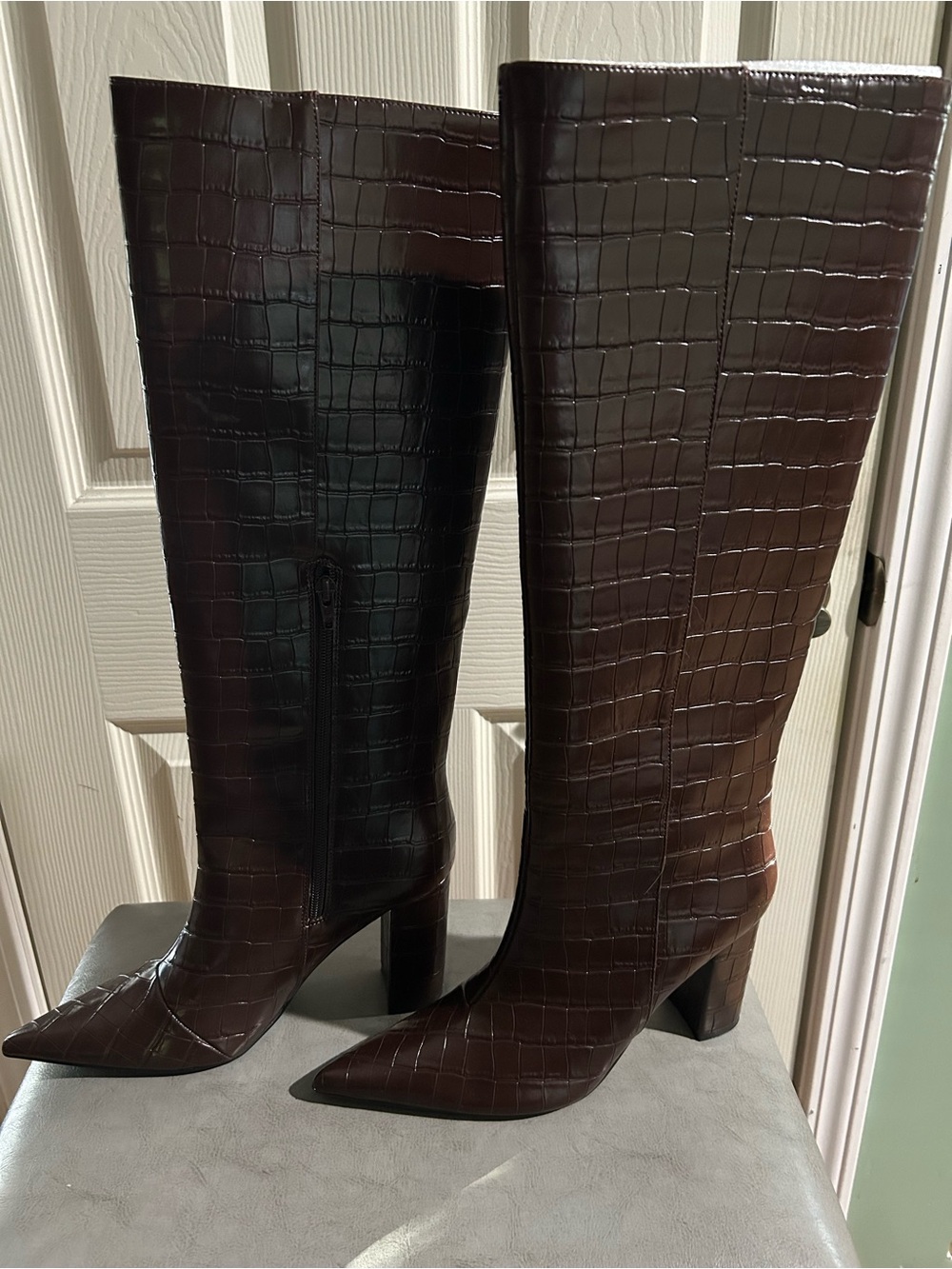 Women's Tall Croc-Embossed Pointed-Toe Boots in Dark Brown